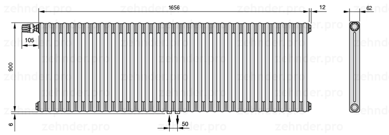 Схема (чертеж) Радиатор Zehnder Charleston 2090/36 №V007 Белый глянцевый RAL 9016